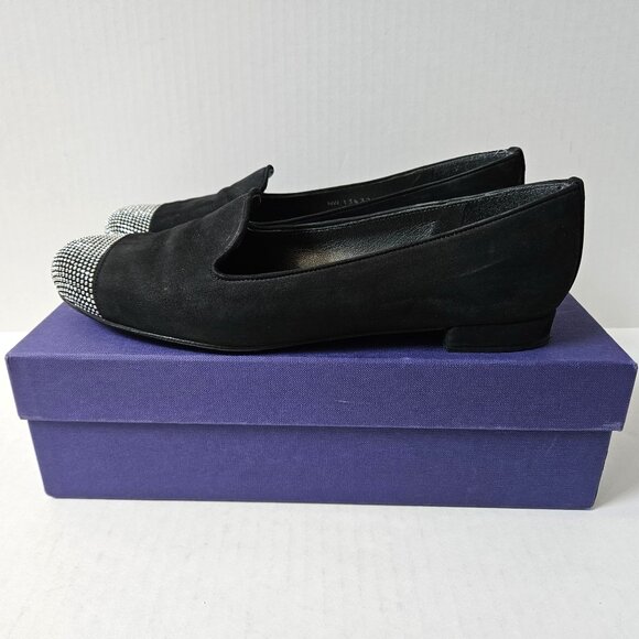 Stuart Weitzman Shoes Womens 8.5 Lingo Black Nubuck Smoking Loafers Silver Studs - Picture 1 of 16